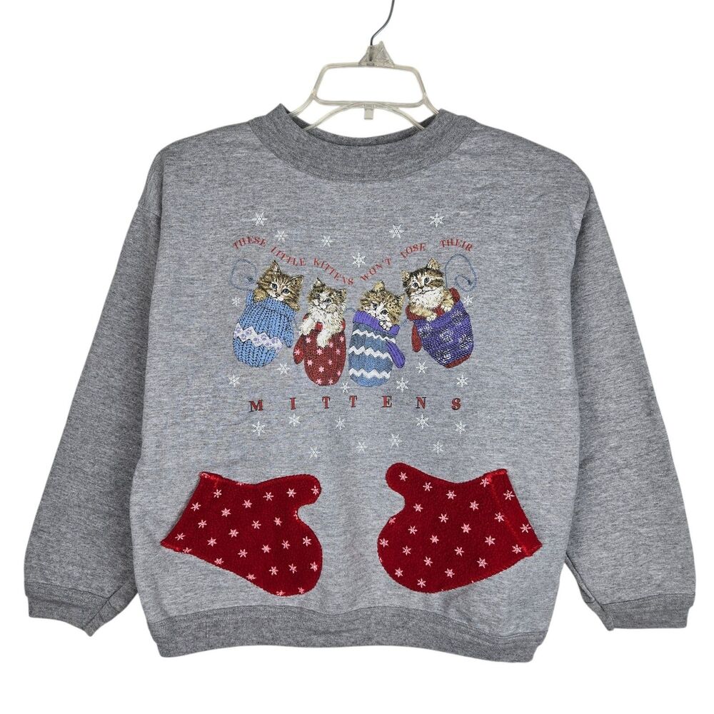 Vtg Artisans Kittens Mittens Pockets Sweatshirt Girls Sz L Gray Winter Snowflake